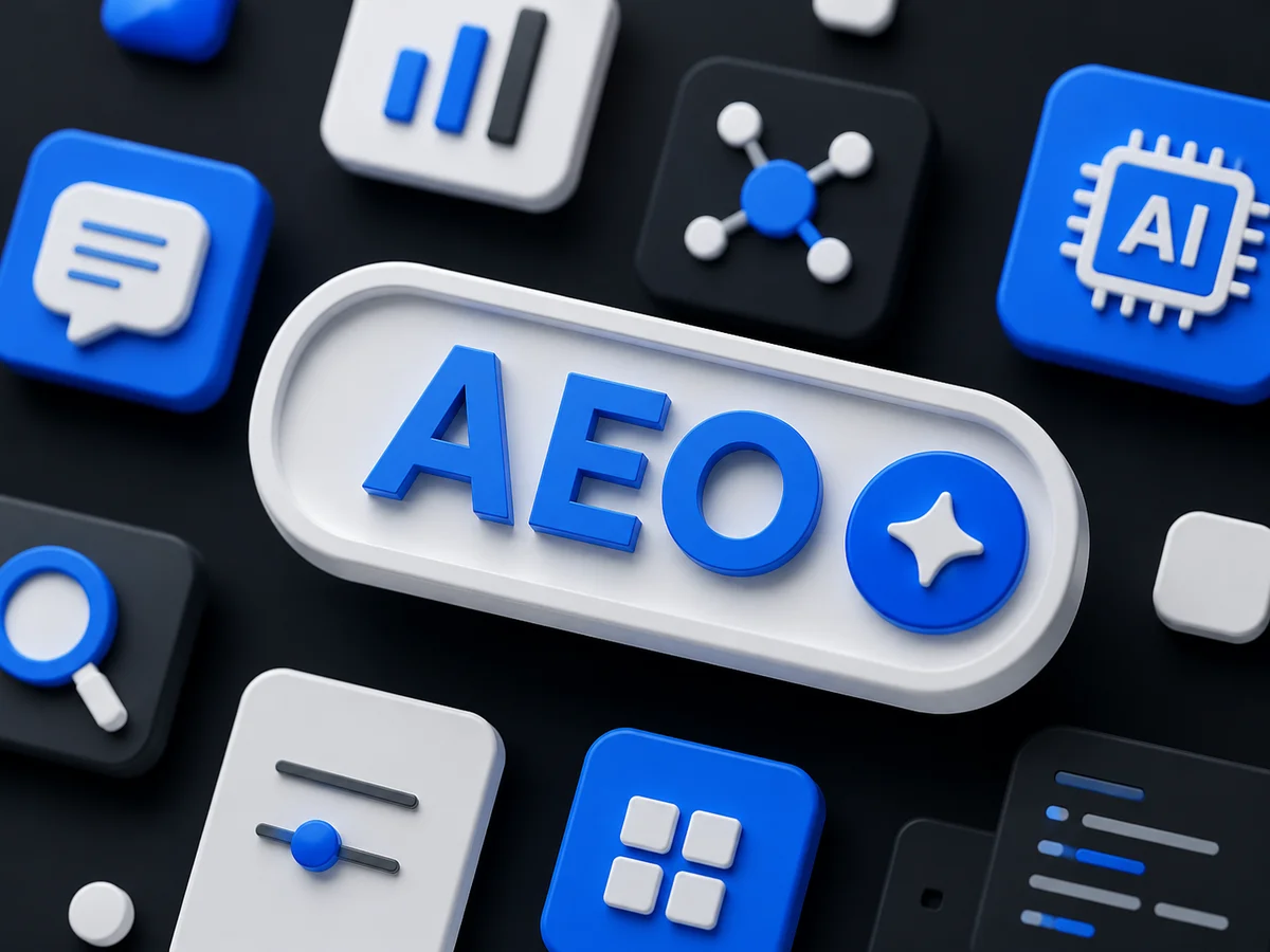 AEO (Answer Engine Optimization) — central badge surrounded by 3D-rendered icons representing AI search, analytics, prompts, and content generation.